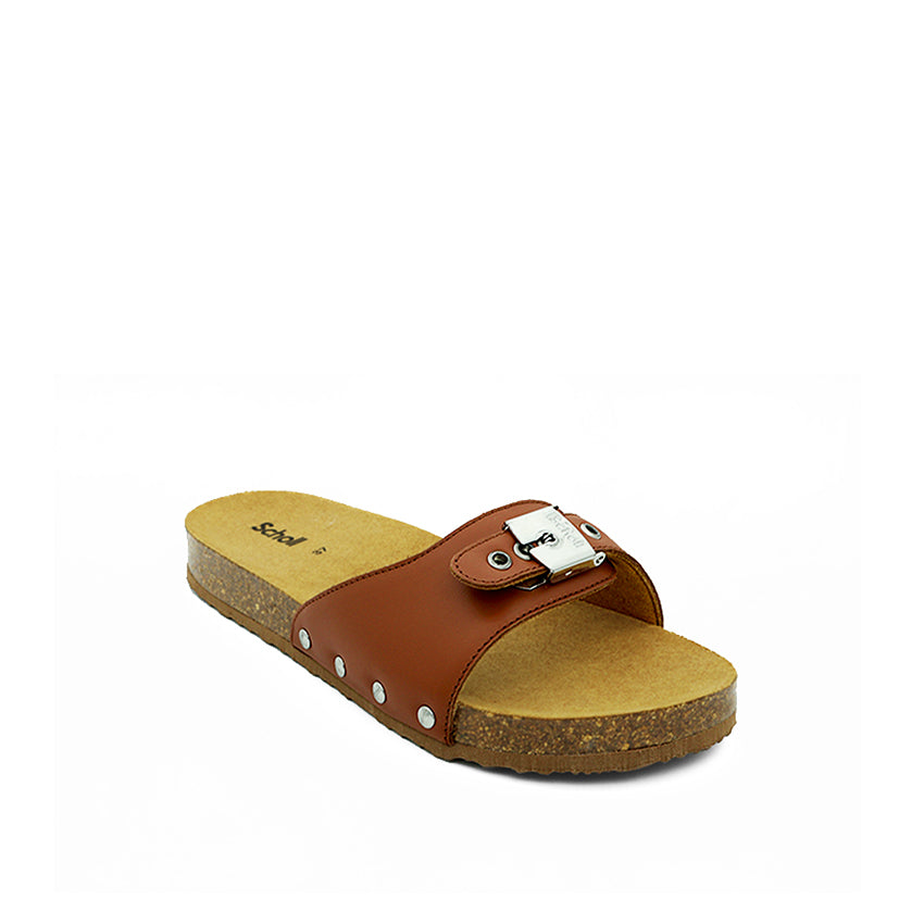 Pescura Flat Cork Leather Women's Casual Sandals - Cognac