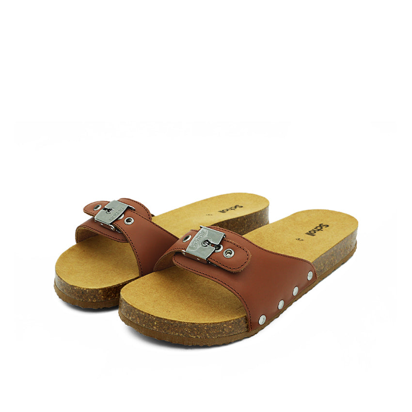 Pescura Flat Cork Leather Women's Casual Sandals - Cognac